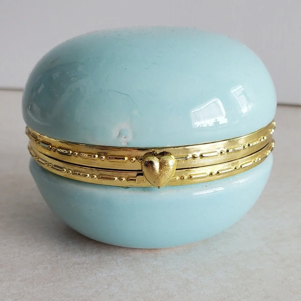 Ceramic Macaron Trinket Box Light Blue Gold Heart Clasp Decorative 2.25in